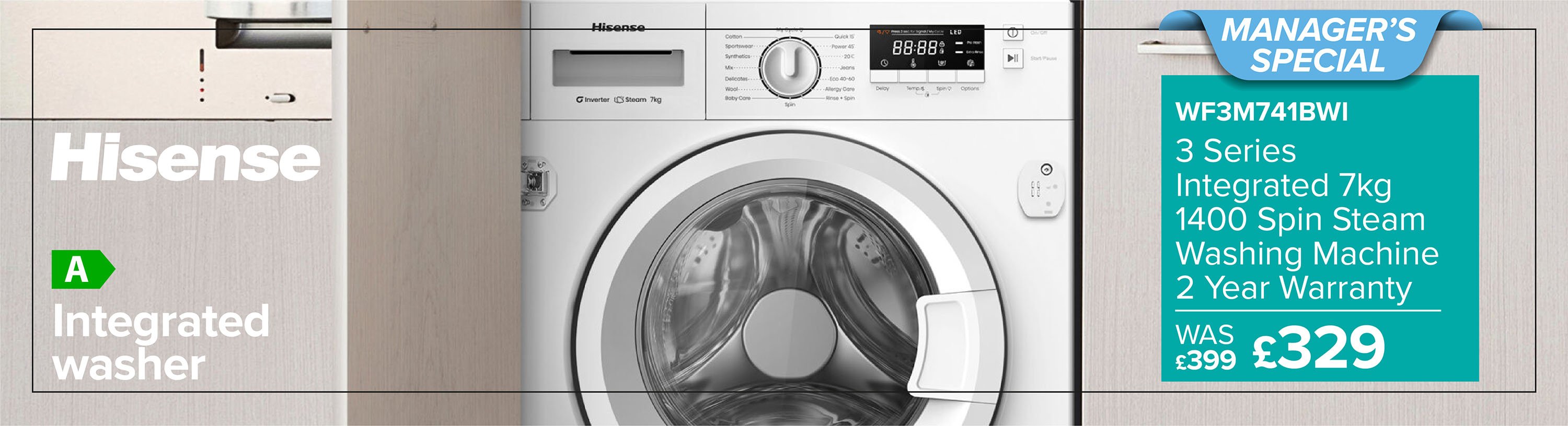 Hisense WF3M741BWI integrated washer NOW £329 was £399
