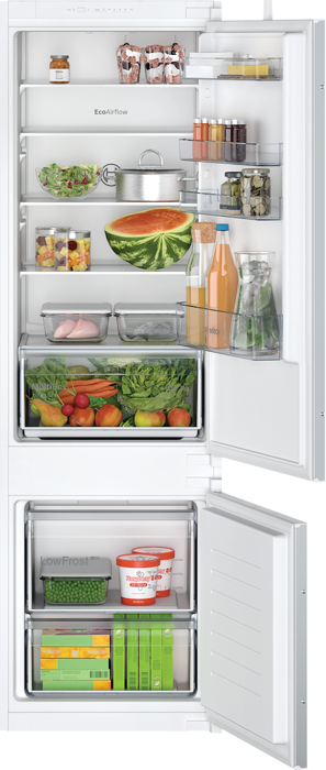 Bosch KIV87NSF0G  Series 2, Built-in fridge-freezer with freezer at bottom, 177.2 x 54.1 cm, sliding hinge Integrated Fridge Freezer White