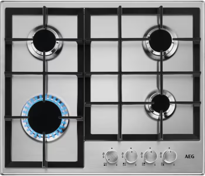 AEG HGB64200SM 3000 Slim line 60cm 4 Burner Cast Iron Pan Supports Gas Hob Stainless steel