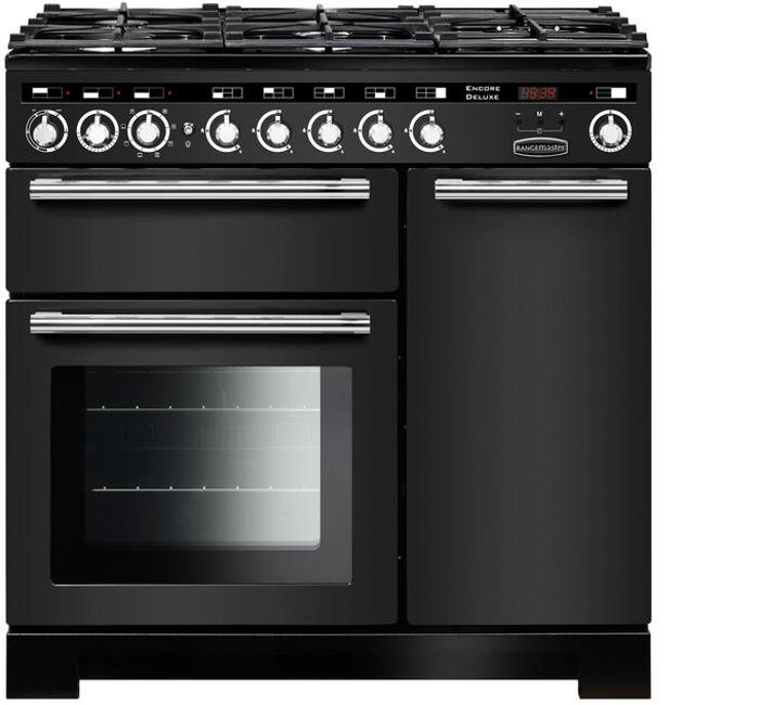 Rangemaster EDL90DFFCB/C Encore Deluxe 90 Dual Fuel Charcoal Black / Chrome Dual Fuel Range Cooker 