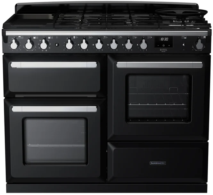 Rangemaster ESDLO110DFPGBL/CM1 Estel Deluxe 110cm Dual Fuel Dual Fuel Range Cooker Black ( Chrome Trim )